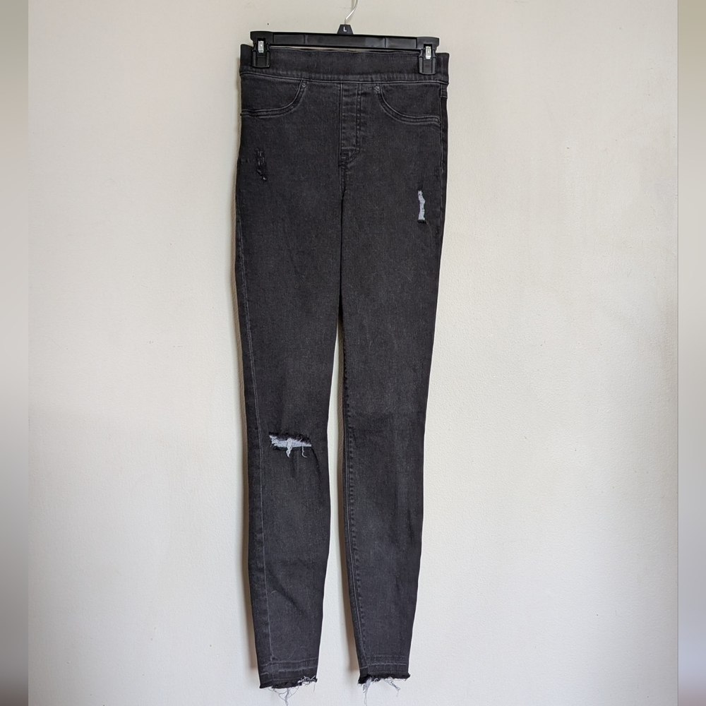 Spanx Black Lightly Distressed Skinny Jeans Jegging Stretch Women's Size XS Tall